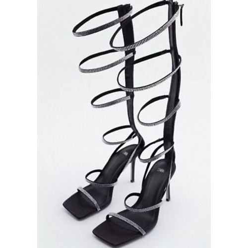Zara Black Gladiator Stiletto Heels With Rhinestone Straps